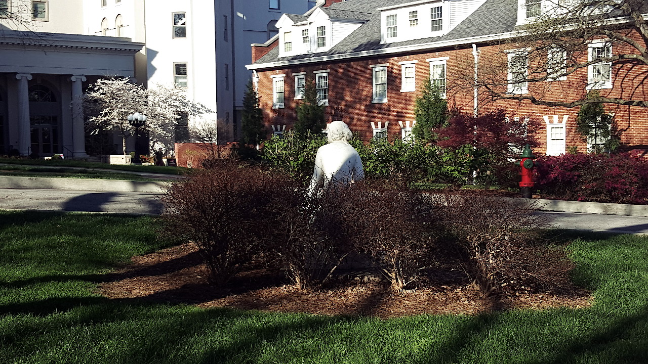 The back of a statue of a woman partially obscured by bushes