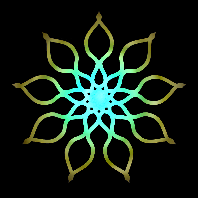 A nine point star in gold, green and blue on a black background
