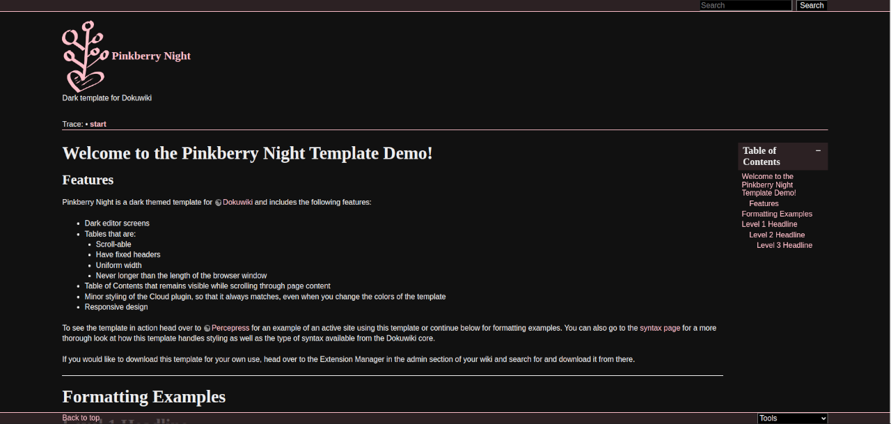Screenshot of Pinkberry Night for DokuWiki