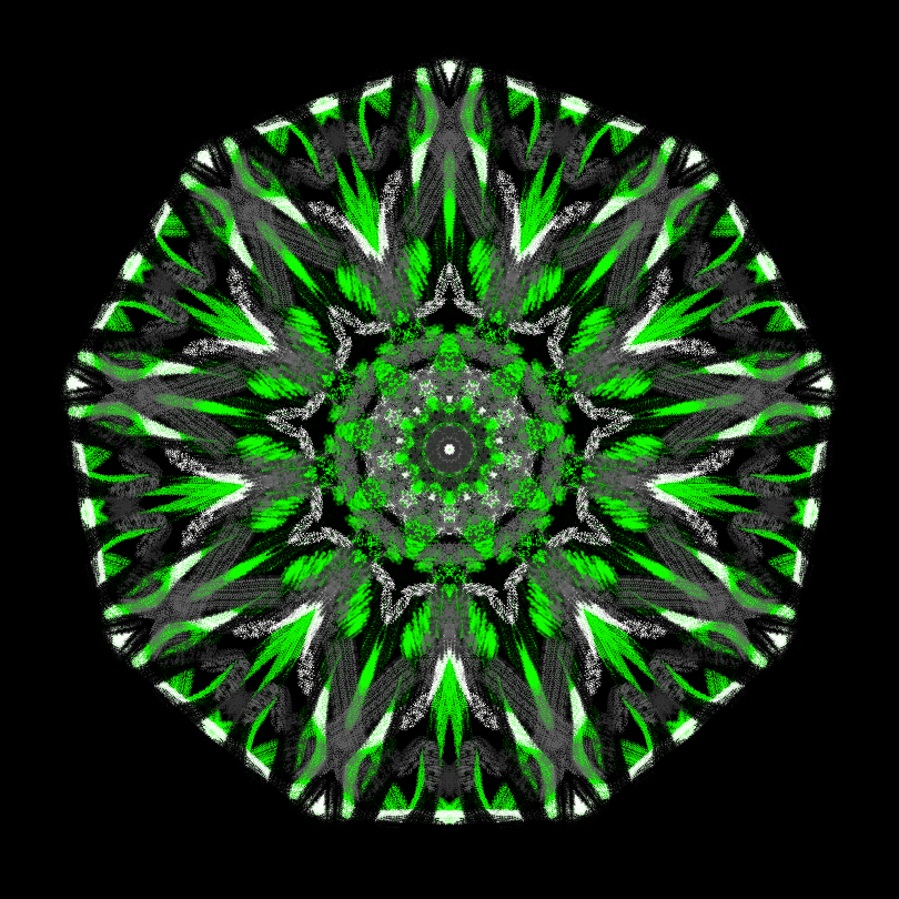 Nine sided polygon with intricate details of created in white, green, black and grey