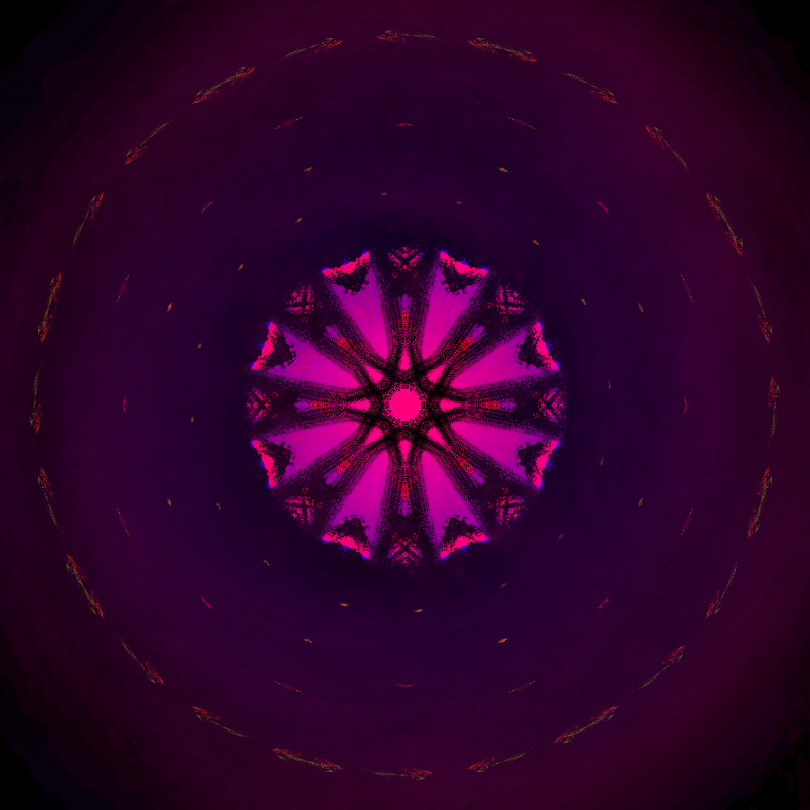 Purple, pink, red and yellow broken circles with an eight point star in the middle