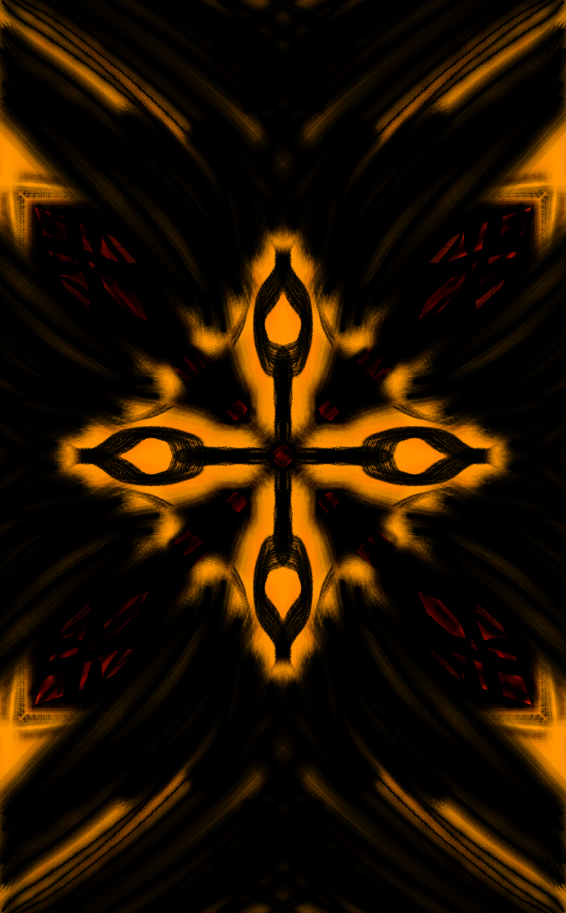 Orange and black fiery cross with orange and red rays shooting off it