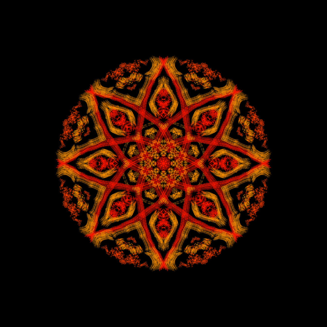 Eight Sided mandala drawn with kaliedoo - orange on black background